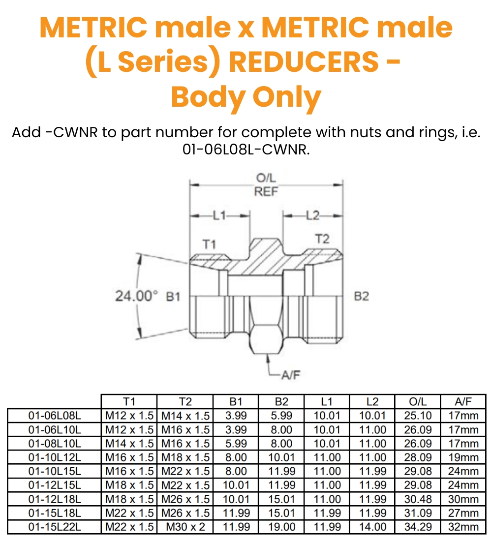 M12 (6L) x M14 (8L) M/M - Body Only Hydraulic Adaptor